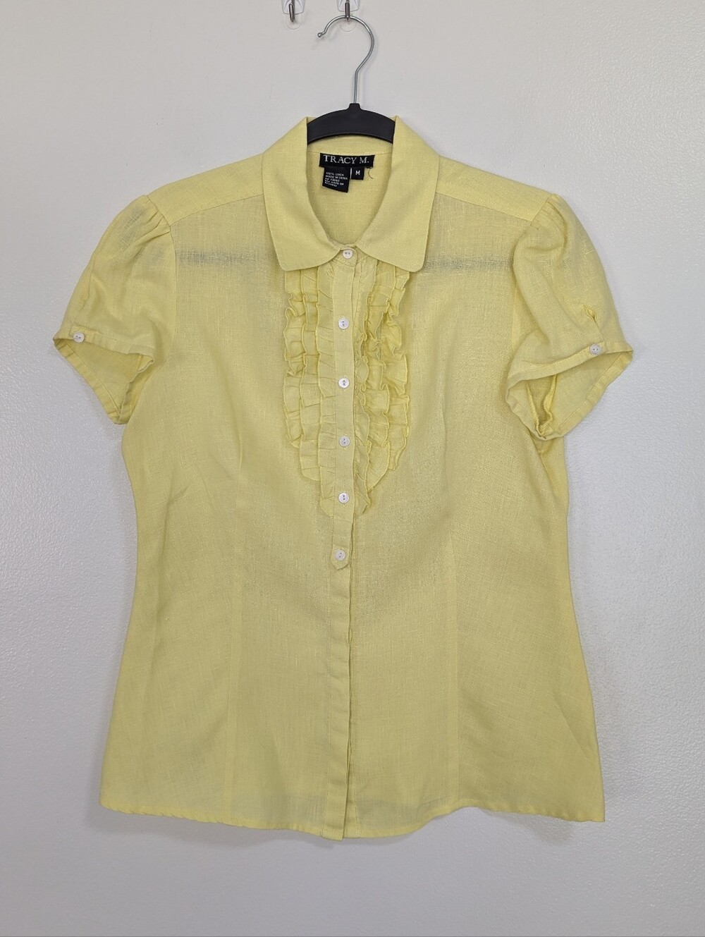 Vintage Y2K Tracy M Size Mediu. Yellow 100% Linen Ruffle Cap Sleeve Blouse